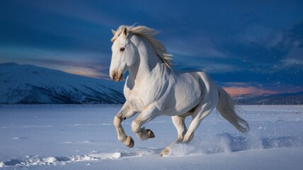 Fototapeta premium A breathtaking photo of a powerful and majestic horse galloping across a snowy landscape.