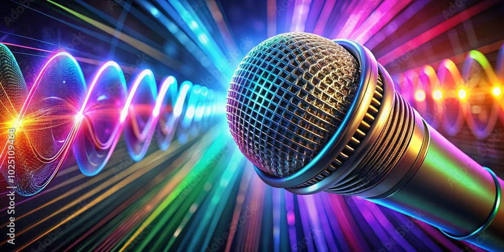 Poster creative drawing of a microphone illustrating sound waves and music vibes for artistic and design pr