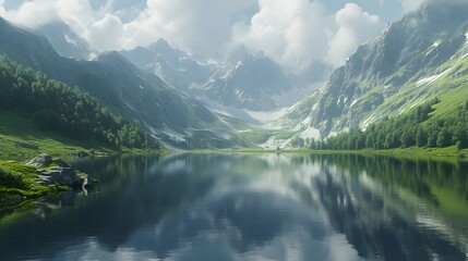 72. A serene mountain lake with a reflection