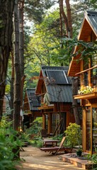 Obraz premium A row of charming wooden cabins nestled in a lush forest setting, offering a tranquil escape.