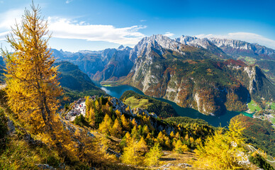 view on Watzmann mountain and Konigsee lake from Jenner mountain in Berchtesgaden National Park during autumn, Bavarian Alps, Germany