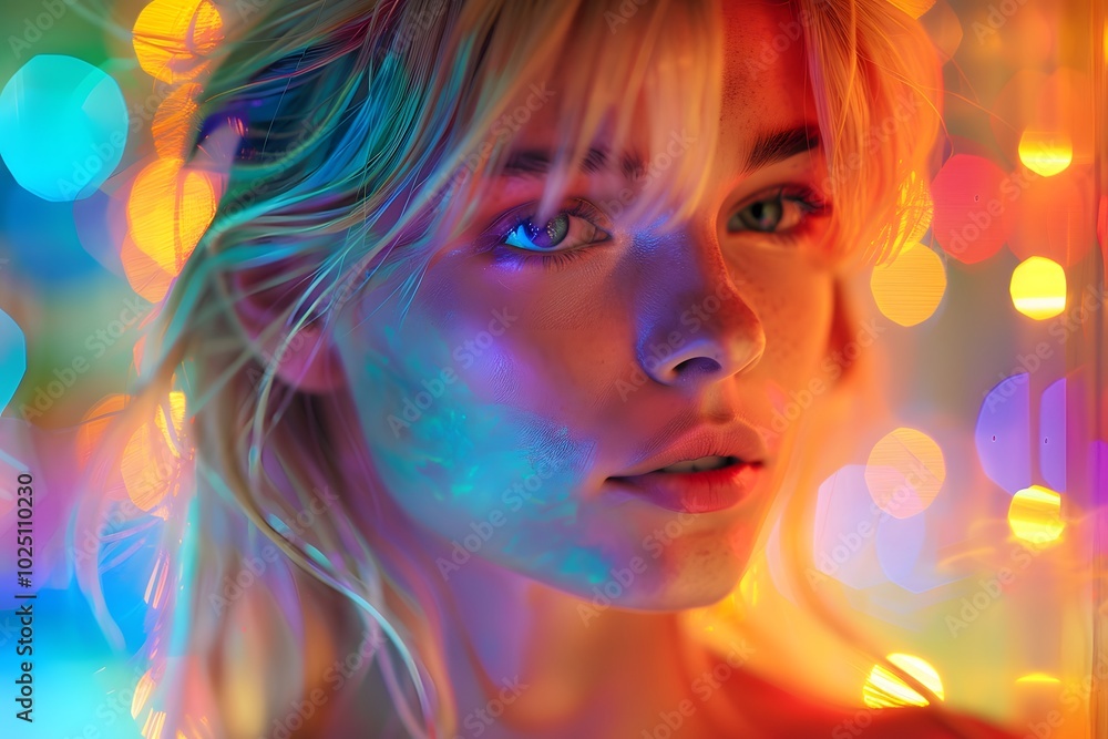 Poster captivating portrait with colorful bokeh and soft lighting