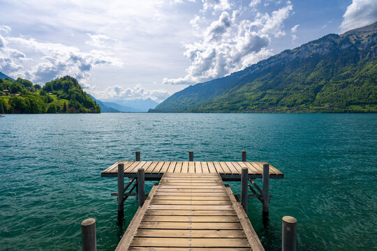 wooden pier on Brienz lake in Iseltwald in Switzerland