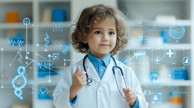 young child dressed as doctor in white coat, holding stethoscope, exudes confidence and curiosity in modern medical environment. background features digital health icons, symbolizing bright future in