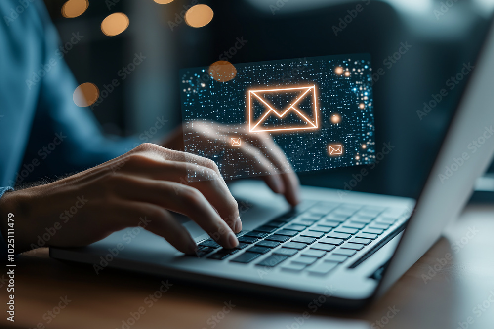 Aufkleber person using laptop computer to send email, showcasing modern technology and digital communication. 