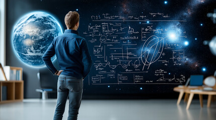 person stands in front of endless chalkboard filled with complex equations and diagrams, gazing thoughtfully at cosmic scene of Earth in background. atmosphere is one of curiosity and exploration