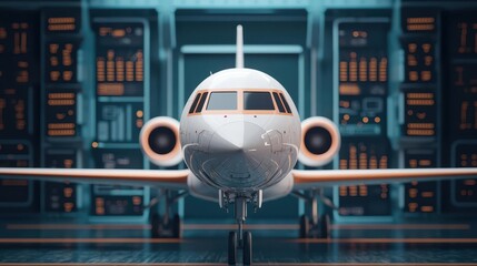 Fototapeta premium Plane undergoing a maintenance check in a cyberfuturistic workshop, with robotic systems and floating holographic data displays