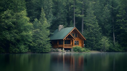 99. A serene lakeside cabin surrounded by trees