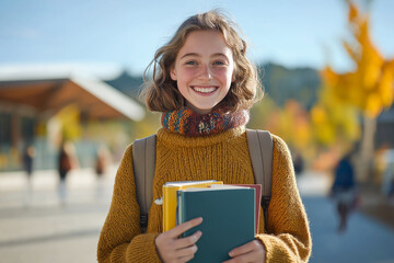 cheerful young female student is holding books and smiling brightly, showcasing her enthusiasm for learning. vibrant autumn backdrop adds to joyful atmosphere