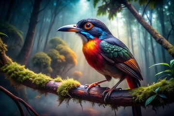 Fototapeta premium Creepy Bird with Big Beak Perched on a Branch in Dark Forest, Eerie Atmosphere and Mysterious Vibes Captured