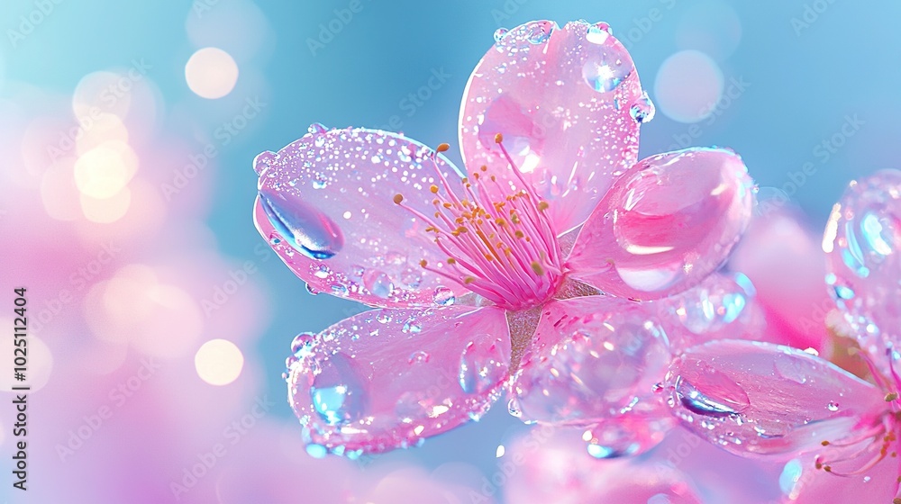 Aufkleber a macro shot of a red blossom with dewdrops and a hazy azure-pink backdrop