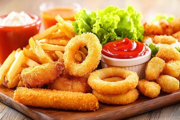 A delicious selection of fried snacks including onion rings, mozzarella sticks, and fries served with ketchup.