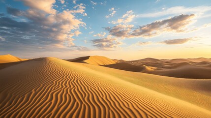 A peaceful desert scene at dawn, with clouds catching the first rays of sunlight and casting long shadows over the dunes