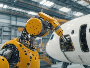Fototapeta premium Robotic arms performing laserguided diagnostics on a plane s fuselage during a full maintenance check in a hightech facility