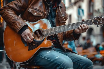 Obraz premium Street Musician Playing Acoustic Guitar in a Vibrant Urban Setting