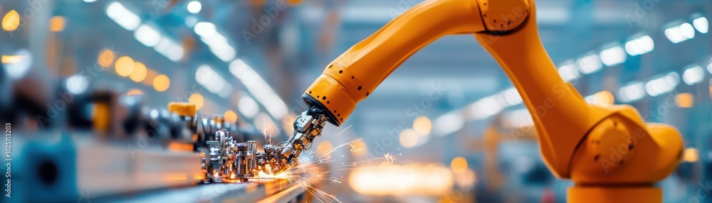 Poster advanced robotic arm assembling components in a modern manufacturing facility, showcasing automation