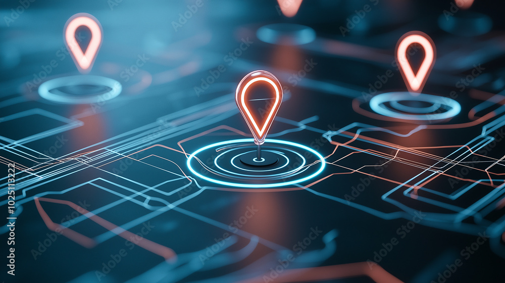 Poster digital map with glowing location pins showcases modern navigation concept, emphasizing connectivity