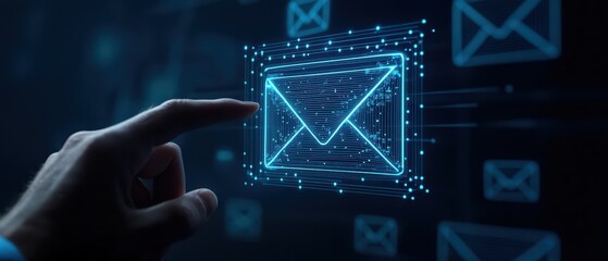 A person interacting with a futuristic holographic email interface, showcasing high-tech communication.