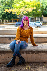 Plus-size autistic girl with pink hair lives a normal life in the city. Emotional development.