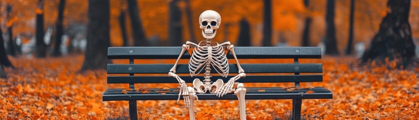 Fototapeta premium A whimsical skeleton relaxing on a bench surrounded by vibrant autumn leaves, perfect for Halloween or seasonal themes.