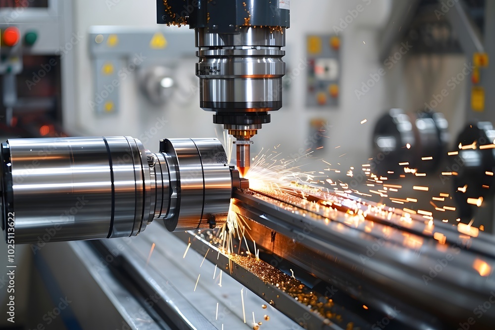 Poster precision machining in action: sparks fly from a cnc milling machine