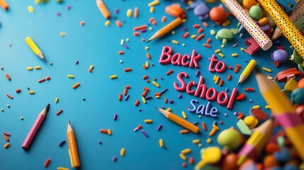 Colorful back to school themed sale items on a vibrant blue background. "back to school sale"