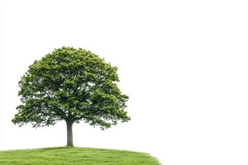 A solitary lush green tree on a grassy hill against a stark white background.