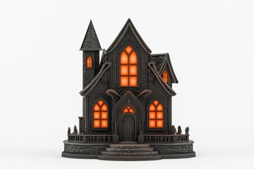 A spooky black house with orange windows, perfect for Halloween decor, isolated on a white background.