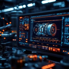 Obraz premium Robotic systems performing a precision check on an airplanes engine, glowing digital displays showing diagnostic data in a futuristic workshop