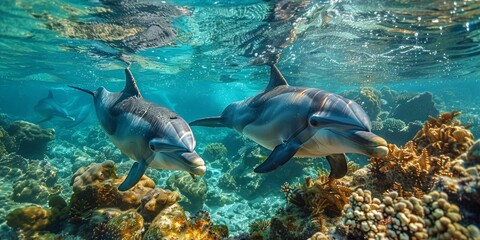 Obraz premium Dolphins swimming in the coral reef