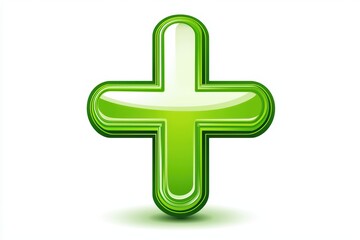 A vibrant green plus sign on a white isolated background, perfect for health or growth themes.