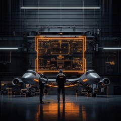 Drones scanning an airplane s exterior for routine maintenance issues, with glowing data projections in a cyberfuturistic workshop