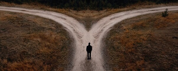 Person standing at a crossroads, contemplating a life decision, dramatic landscape.