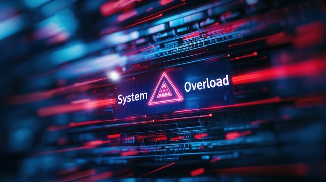 Digital representation of system overload with neon colors and warning sign.