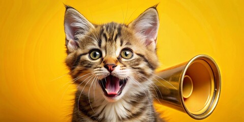 Cute Kitten Screaming into Loudspeaker on Vibrant Yellow Background for Promotions