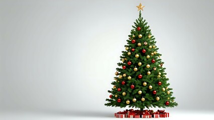 A decorated Christmas tree with red and gold ornaments and a star on top. It has gifts underneath.