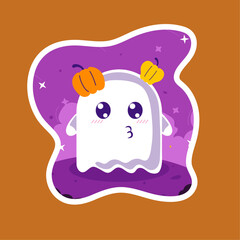 Cute ghost character sticker with small pumpkins on head and with purple background, clouds, stars in flat style for halloween, decorations, wallpapers	