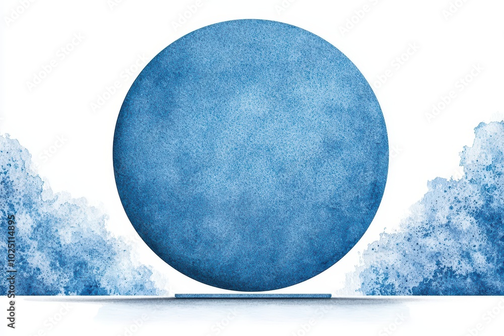 Poster abstract blue circle on white background surrounded by misty clouds, creating a serene and tranquil 