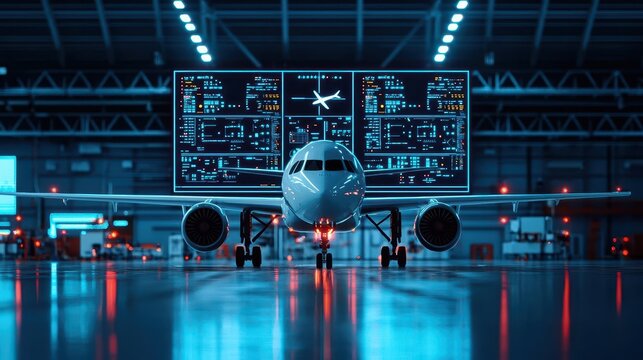 Autonomous drones performing diagnostics on an airplane in a glowing maintenance facility, with LEDlit tools and holographic displays