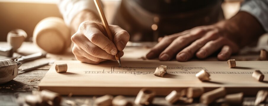 A skilled artisan carefully writing on a wooden board, surrounded by tools and wood shavings, showcasing craftsmanship and precision.