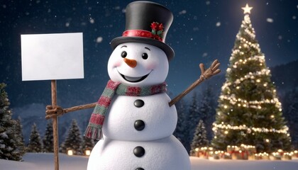 Fototapeta premium Smiling cute snowman in scarf and hat holding blank sign for adding text or message, christmas and New Year atmosphere