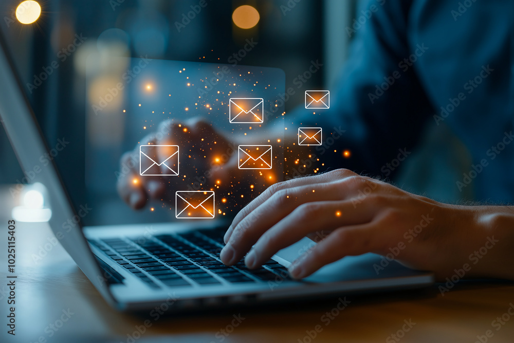 Poster working on laptop, mans hands are engaged in sending emails, with digital mail icons floating above 