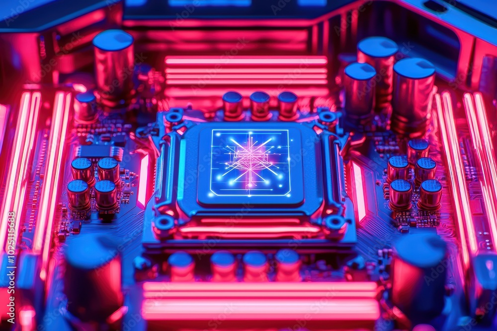Poster close-up of a vibrant computer circuit board with a central processing unit, glowing in neon lights.