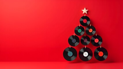 Christmas tree made of vinyl records arranged on a red background with a star on top, featuring black branches and colored labels, minimalistic style, and empty space on the left
