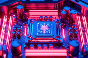 Naklejka premium Close-up of a vibrant computer circuit board with a central processing unit, glowing in neon lights.