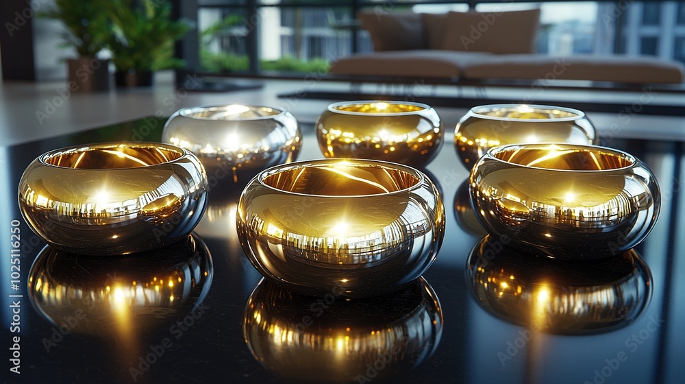 Poster a macro image of a table with various bowls arranged around it, illuminated by lights within each bo
