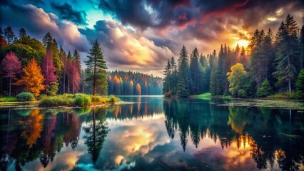Obraz premium Dark Moody Landscape of a Lake Surrounded by Enigmatic Forests in Ethereal Lighting and Mysterious Atmosphere