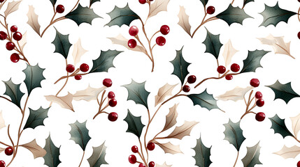 Delicate watercolor holly and mistletoe pattern featuring rich green leaves and vibrant red berries, perfect for festive designs and seasonal decor
