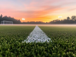A serene view of a soccer field at dawn with a vibrant sky and mist, perfect for sports and nature enthusiasts.