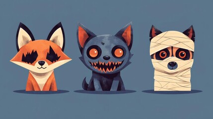 Playful cartoon animals featuring a fox, a spooky dog, and a mummy raccoon, perfect for Halloween-themed designs.